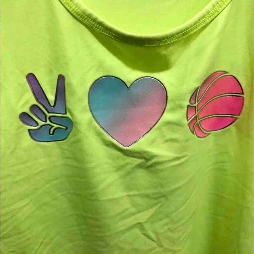 DSG Girls Neon Lime Graphic Tank Top - Heart, Peace & Basketball Design